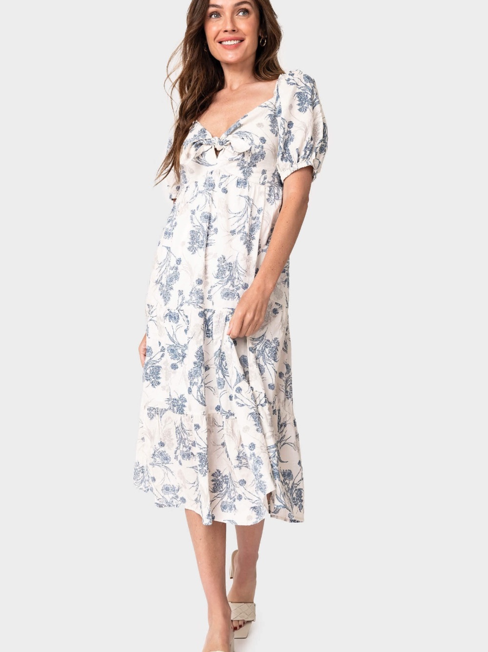 Gibsonlook Cream Midi Dress with Blue Floral Print